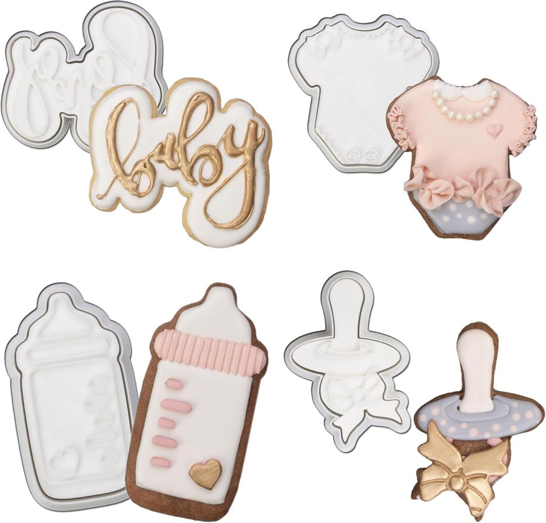 Baby Shower Cookie Cutter 4 Pack 3D Stampers Molds DIY Fondant Decorating for Kids' Birthday Party Kitchen Tools, Baby Letter, Baby Bottle, Onesie, Pacifier (3 Inch, 4 Piece-1)