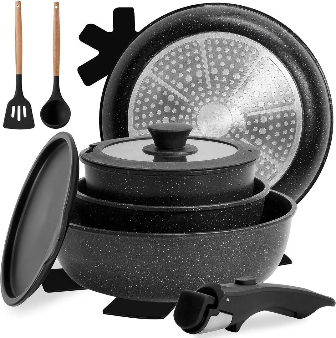 Numola 10 pcs Pots and Pan Set Non Stick with Detachable Handle, Ceramic Cookware Set for Stackable, Induction Kitchen Cookware Set for RV, Dishwasher Oven Safe, Black