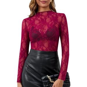 Womens Mesh Long Sleeve Top Sheer Blouse Sexy See Through Tee Shirt Lace Tops, Size M