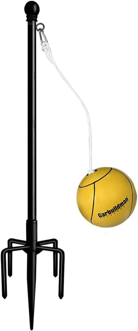 Garbuildman Tetherball Set with Ball & Rope for Outdoor Backyard, Adjustable Tether Ball Pole with Reinforced 5-Prong Base for Playground, Outside Ball Games Sports for Kids & Adults, Black (7.5 FT)