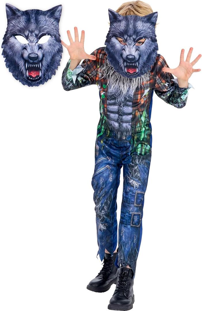 Boys Werewolf Costume, 2 Pcs Howling Wolf Suit Jumpsuit with Mask for Kids Girls Halloween Dress Up 5-6 Years