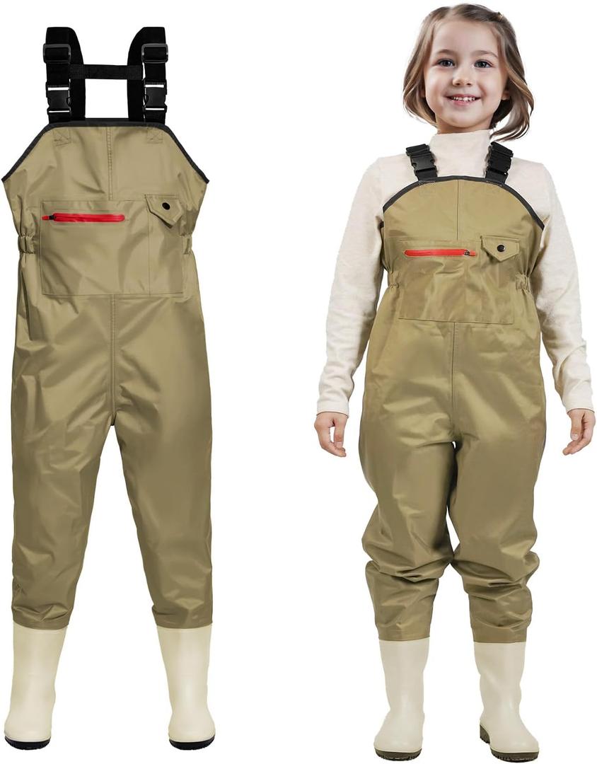 Ghosthorn Chest Waders for Kids Youth Fishing Waders Waterproof Hunting Waders with Boots Nylon Waders for Toddler Children (4-5T, Khaki)
