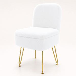 Upgraded Large Vanity Chair with Folding Back, 500g Premium Faux Fur Fluffy Desk Stool for Adults, Comfy Padded Makeup Ottoman for Bedroom & Dressing Room White