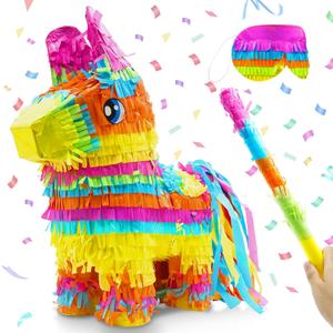 16" Cinco de Mayo Pinata, Large Rainbow Color Donkey Pinata 16 x 13 x 5.5 ln with Stick and Blindfold for Fiestas Mexican Party Decoration, Photo Prop, Taco Tuesday Event