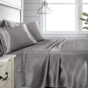 Niagara Sleep Solution Queen Grey Bed Sheet Set 4 Pieces Silky Smooth Bridal Satin Deep Pocket Fitted, Flat, 2 Pillow Cases Wrinkle Stain, Fade Resistant (Grey Satin, Queen)