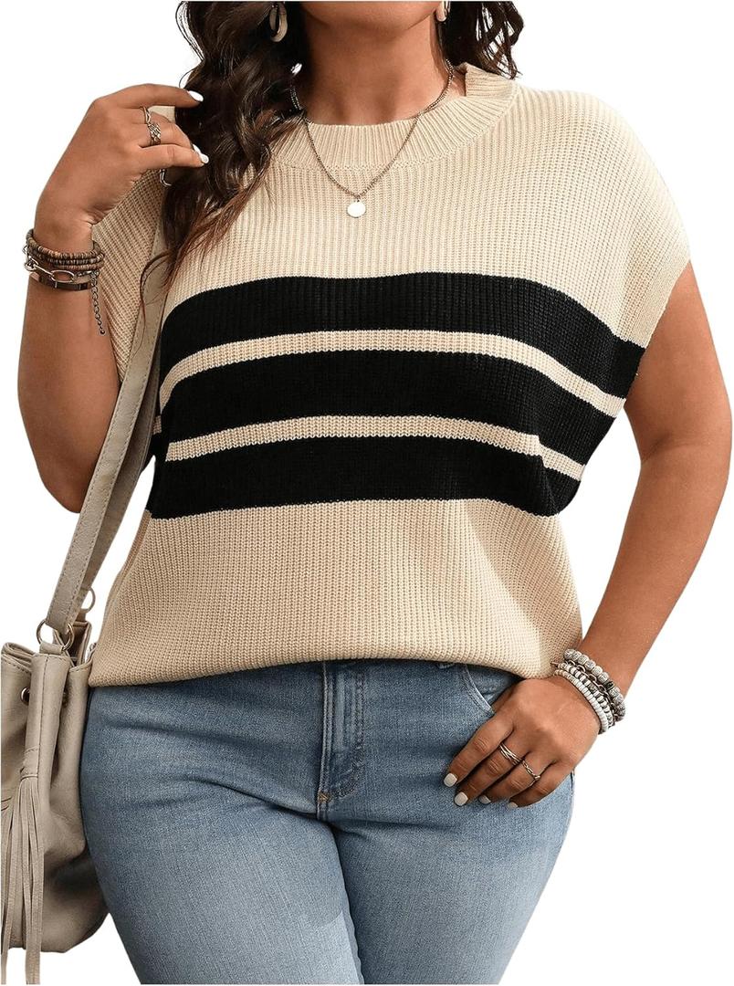 WDIRARA Women's Plus Size Striped Print Cap Sleeve Sweater Top Round Neck Loose Fit Casual Tops (XL)