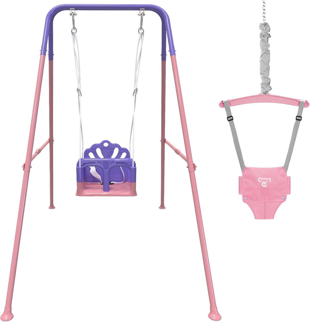 Foldable Toddler Swing Set and Baby Jumper, Indoor & Outdoor Use, Baby Bouncer Jumper, Safe and Durable Swing Set for Backyard Pink