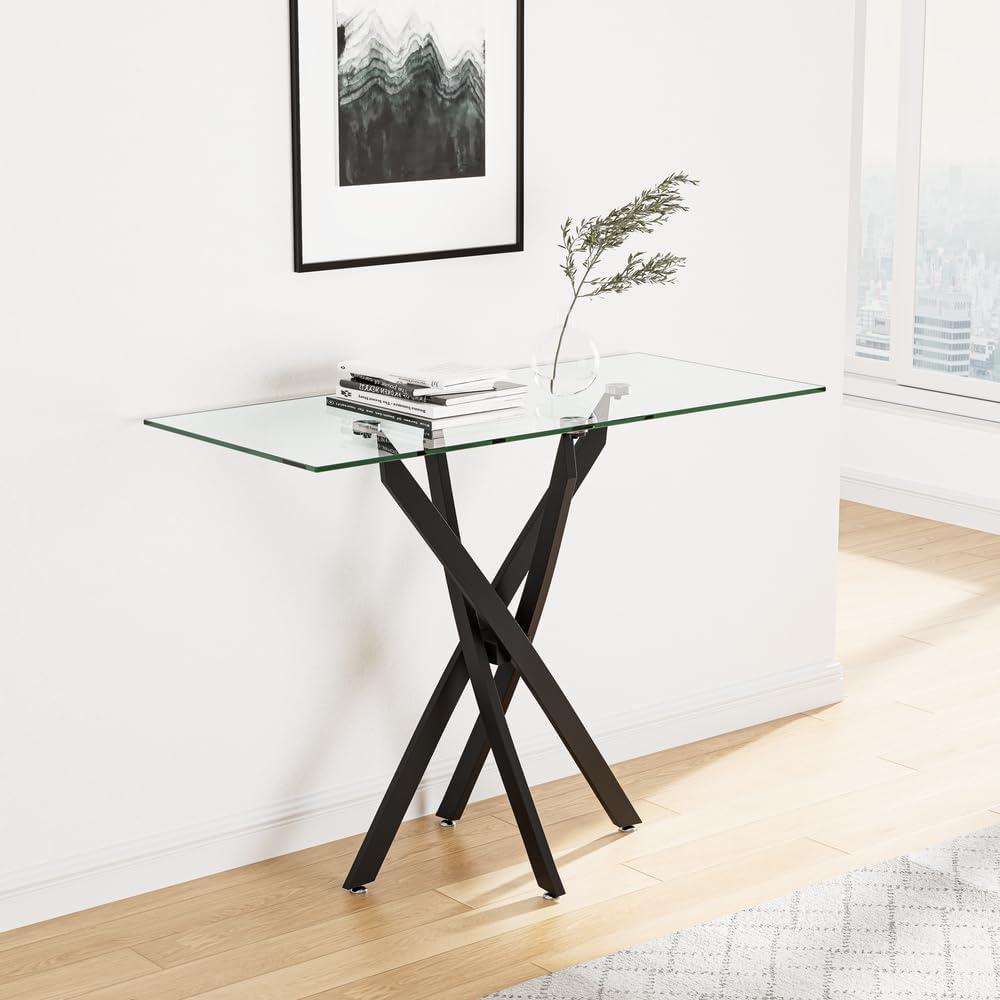 Tempered Glass Console Table with Metal Legs, Modern Narrow Sofa Table for Hallway Entryway (Black, 39"x18"x30")