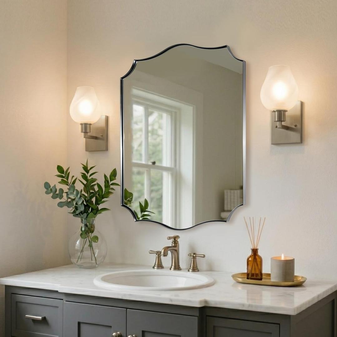 MIRRORART 22x30'' Brushed Nickel Scalloped Bathroom Mirrors, Vintage Bathroom Rectangle Vanity Mirror, Brushed Silver Wavy Edges Mirrors in 1'' Rustproof Metal Frame for Home Remodel, HD Glass