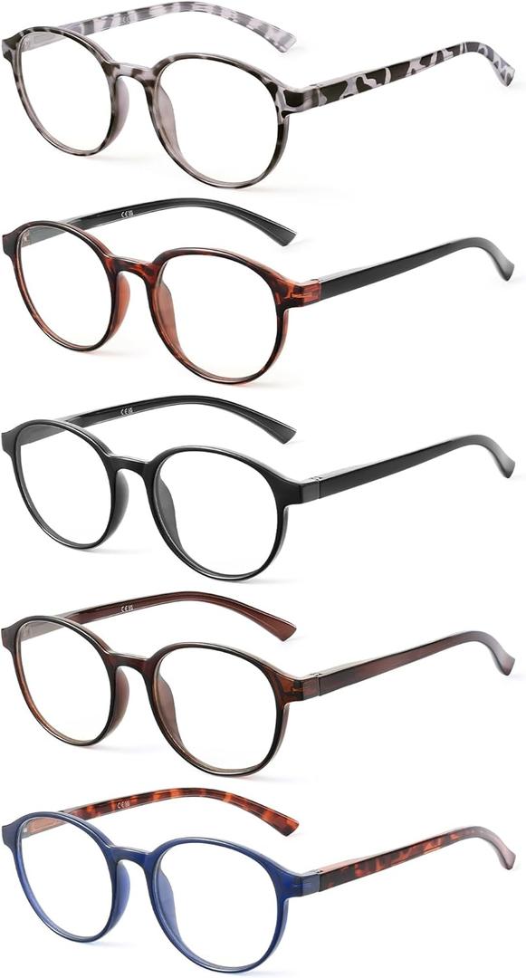 JOLISU 5 Pack Reading Glasses for Women Men, Blue Light Blocking Readers with Spring Hinge, Lightweight Eyeglasses for Reading (3.75)