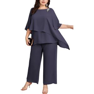 Hanna Nikole Plus Size Mother of Bride Pant Suits 2 Piece Chiffon Sets Ruffle Layers Wedding Guest Outfit (18 Plus, Purple Gray)