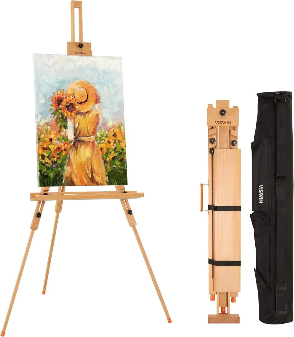 VISWIN Portable Easel for Painting with Bag, Tilting Flat & Adjustable Beech Wood Art Easel Stand, Holds Canvas up to 44", Tripod Field Easel for Adults, Artists, Beginners - Natural