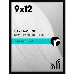 Americanflat 9x12 Picture Frame with Shatter-Resistant Glass - Streamline Collection - Thin Border Photo Frame for Tabletop and Wall Display - Hanging Hardware and Easel Stand Included - Black