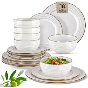 GBHOME Ceramic Dinnerware Sets,18 pcs Embossed Elegant Stoneware Plates and Bowls Sets, Housewarming Wedding Gift | Dishwasher & Microwave Safe | Dishes Set Service for 6 (Pearl White-Wave)