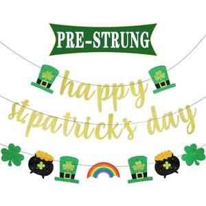 2 x Pre-Strung Happy St Patricks Day Banner,Glitter Happy St Patricks Day Banner Sign with Irish Shamrock&Pot of Gold&Rainbow&Irish Hat Garland for Home Indoor Fireplace Mantle Photo Props Backdrop Decor