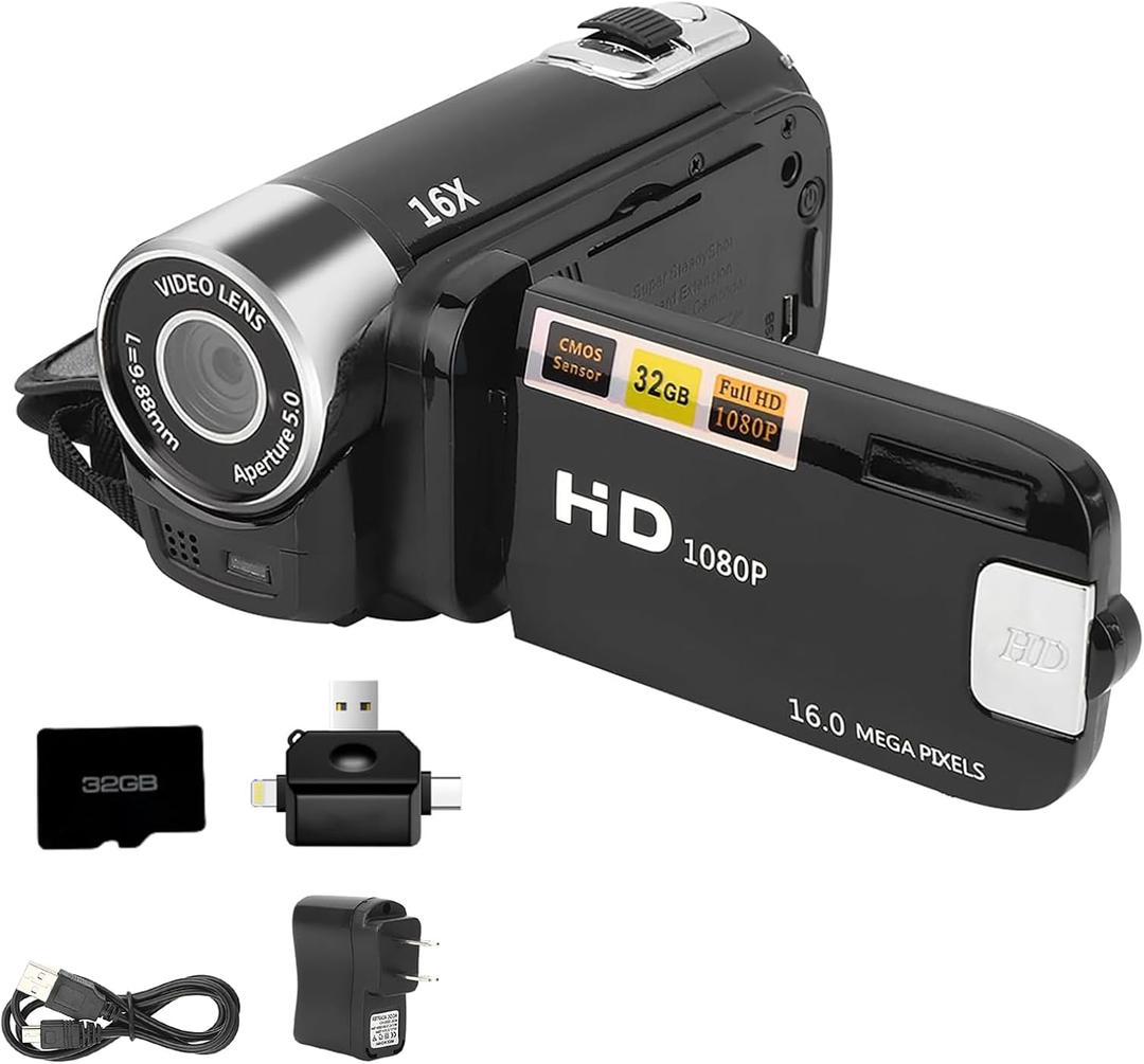 Protable Digital Camcorder,1080P High Definition DV Camcorder 16X Digital Zoom 270 Rotation Built-in Battery with SD Card & Card Reader for Teens Beginner
