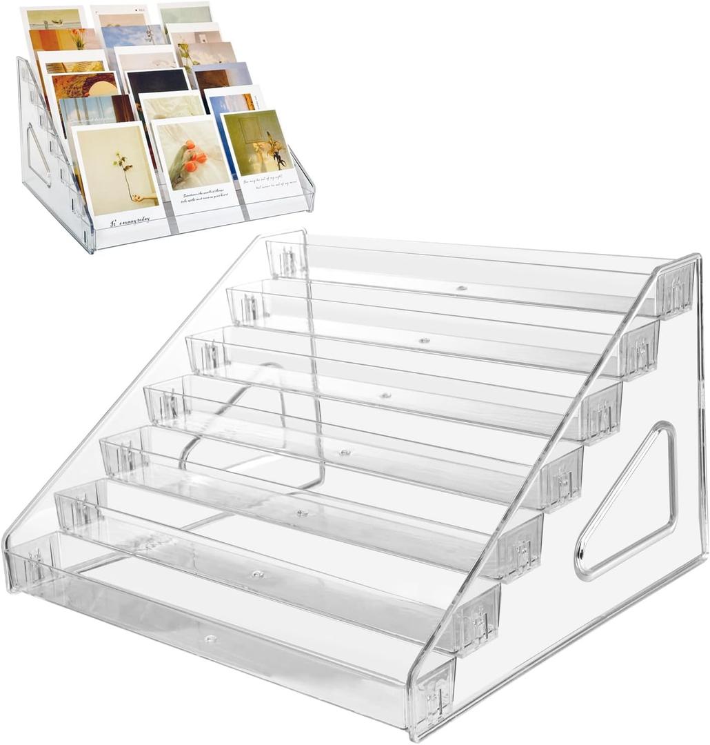 2 Pack 7-Tier Acrylic Card Display Stand, Versatile Sticker Display Rack Holder for Greeting Card Business Brochure Postcard Portable Card Display Shelf for Vendors Craft Trade Shows