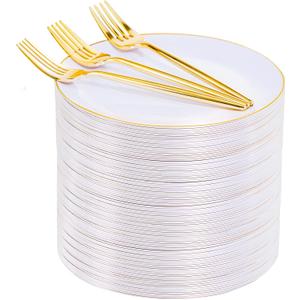 Rubtlamp 200Pcs Gold Plastic Dessert Plates,White Appetizer Platos with Gold Disposable Forks, Fancy Small Dessert/Cake Plates Include 100pcs 7.5" Salad Platos, 100pcs 7.6" Plastic Forks for Party
