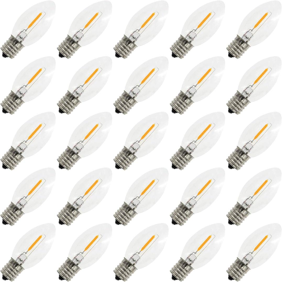 C9 Replacement LED Light Bulbs, 0.6W Equivalent to 7W, White Warm 2200K String Lights Bulb for Indoor Outdoor Patio Decor, E17 Candelabra Screw Base LED Edison Bulbs - 25 Pack (C9-25pack)