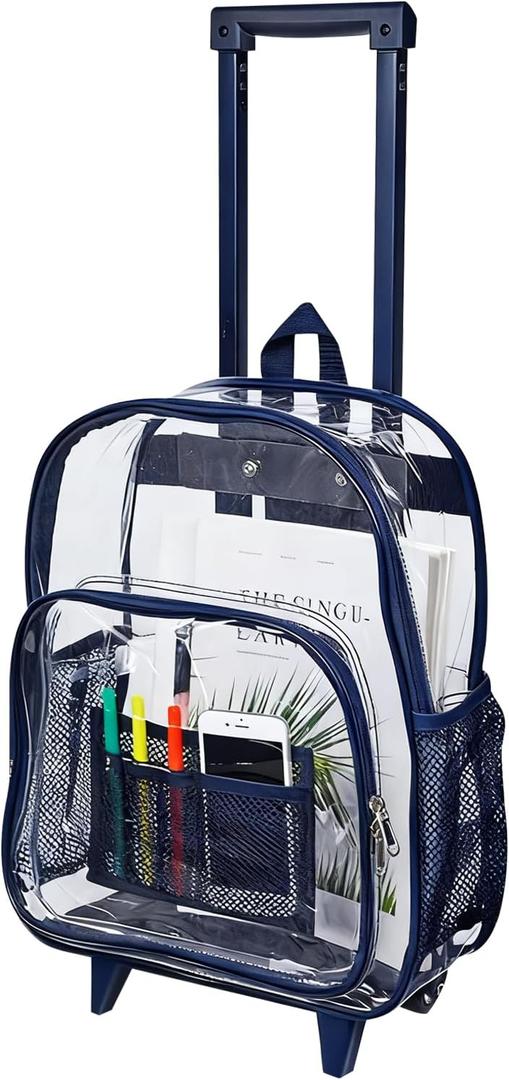 COVAX Rolling Clear Backpack, Heavy Duty See Through Bookbag, Transparent PVC Cold-resistant Backpack with Wheels (Navy)