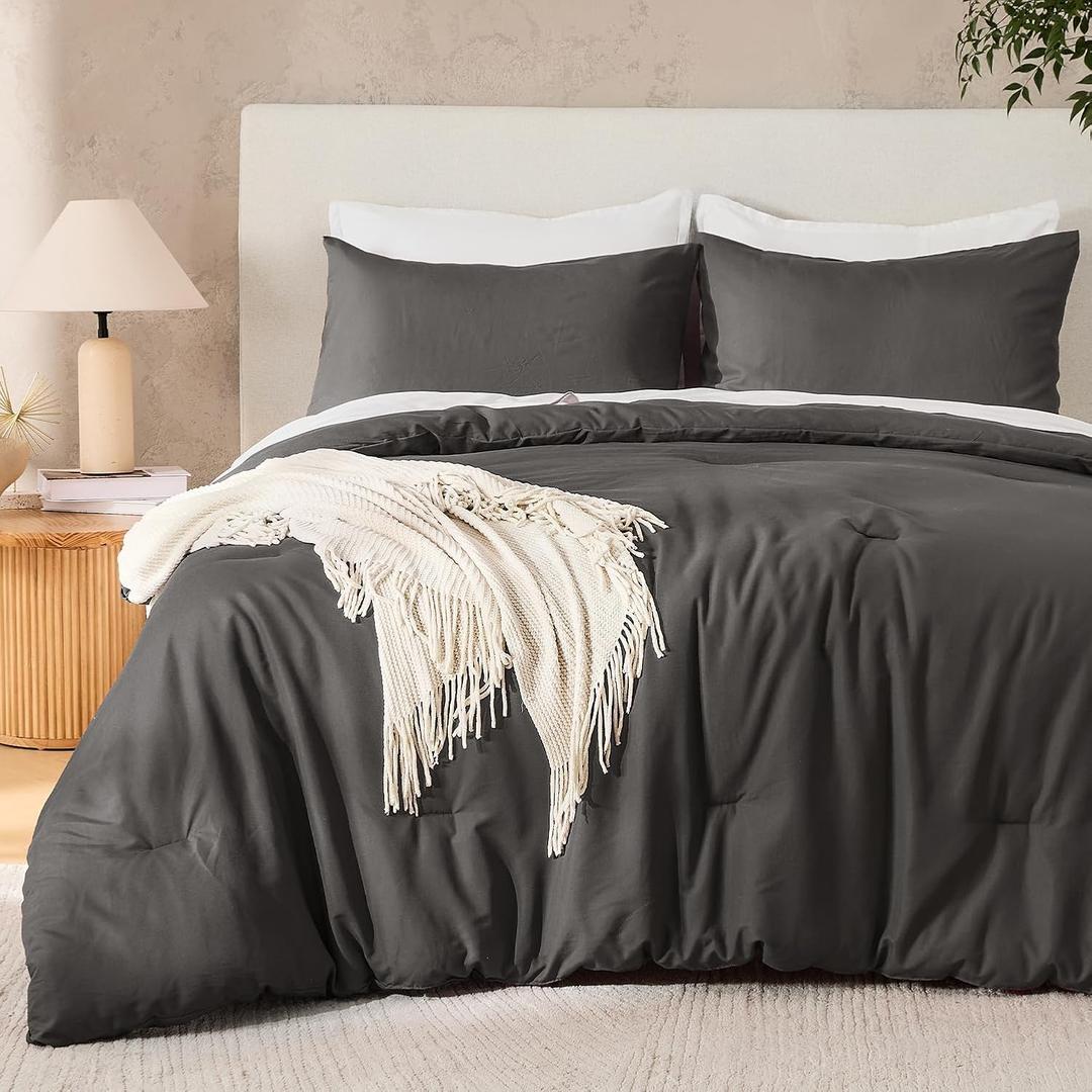 Dark Grey King Size Comforter, Boho Solid Bedding Comforter, Soft Cozy Lightweight Reversible All Season Warm Microfiber Bed Blanket Quilt Sets for Men Women (104x90Inch)