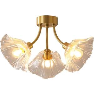 Gold Brass Flush Mount Ceiling Lights Fixture Clear Glass 3-Light Close to Ceiling Light Flower Glass Shape Shade Mid Century Chandelier Lighting for Bedroom Living Room Dining Room, 45*27cm/17.7*106