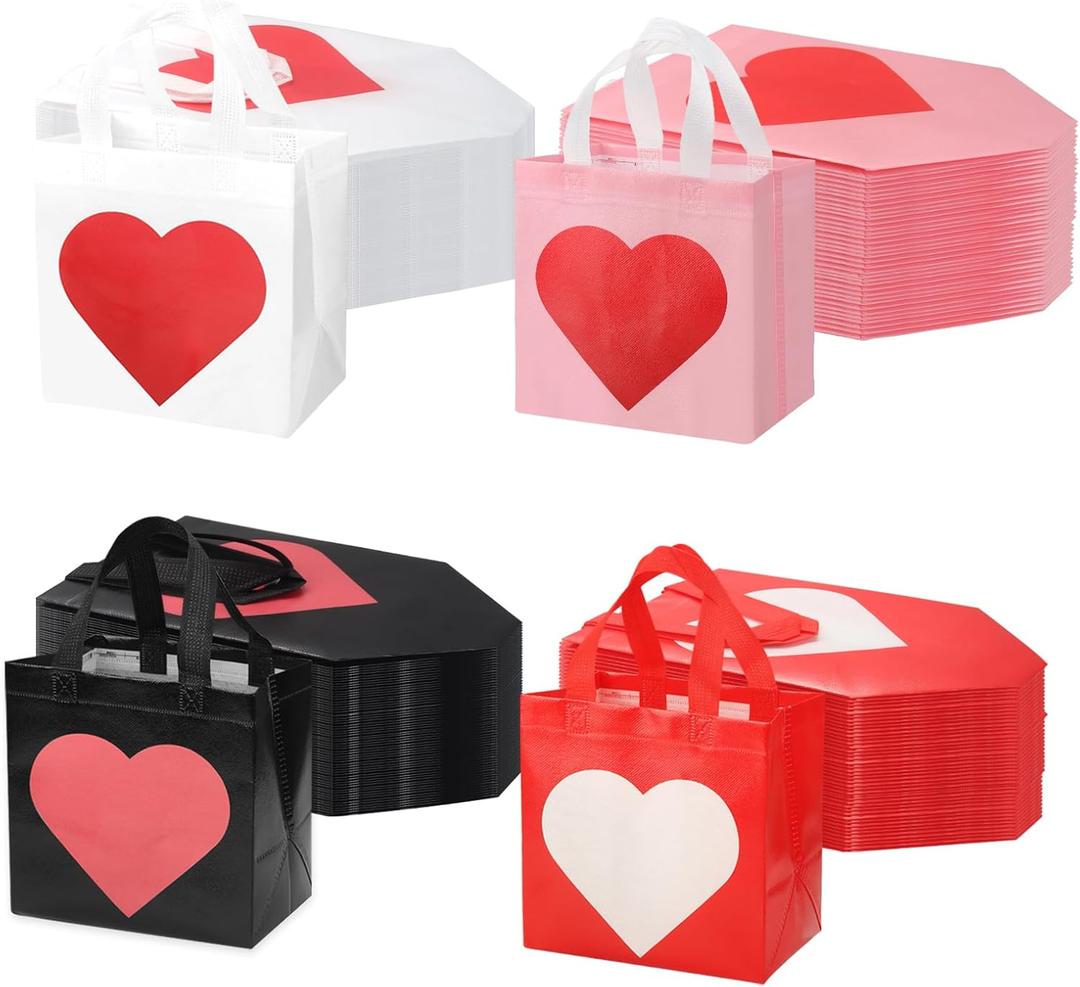 Dapuri 60 Pcs Valentines Day Heart Gift Bags Bulk, Non-Woven Reusable Tote Bags with Handles, Valentine Goody Treat Shopping Bags for Birthday, Wedding, Party Favors