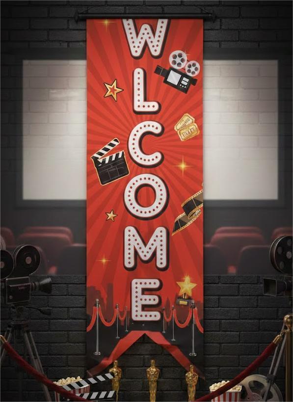 Tegeme Movie Night Porch Sign Banner Movie Theme Party Decorations Theater Welcome Now Showing Lights Camera Action Hanging Porch Sign for Home Film Backdrop Party Supplies (Delicate, Red and Black)