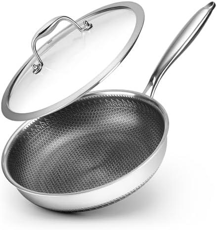 10.5 inch Frying Pan Nonstick with Lid, 2.5 Qt Deep Non Stick Stainless Steel Sauté Pan Skillet, Dishwasher and Oven Safe, Compatible with All Cooktops