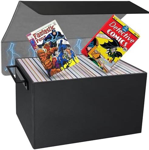 Comic Book Storage Box,PU Leather Comic Bin Holds 155 Comic Book with Handles,Stackable Moistureproof Comic Short Box Book Organizer Storage for Comic Collectors