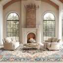 Area Rugs 10'x14' Washable Non-Slip, Floral Vintage Distress Print Pattern Medallion Carpet for Living Room Bedroom Dining Room, Beige Navy Blue Orange Colorful