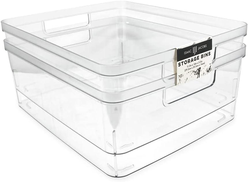 Isaac Jacobs 2-Pack Large Clear Storage Bins (11.5 L x 14 W x 5.5 H) w/Cutout Handles, Plastic Organizer for Home, Office, Kitchen, Fridge/Freezer, Bathroom, BPA Free, Food Safe (Large)