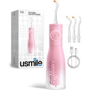 usmile C30 Cordless Water Flosser, 300ml Large Tank, 5 Pressure Levels Deep Clean, S-Shaped Nozzles for Braces & Sensitive Gums, USB-C Rechargeable, IPX7 Waterproof, Portable Travel & Home Use(Pink)