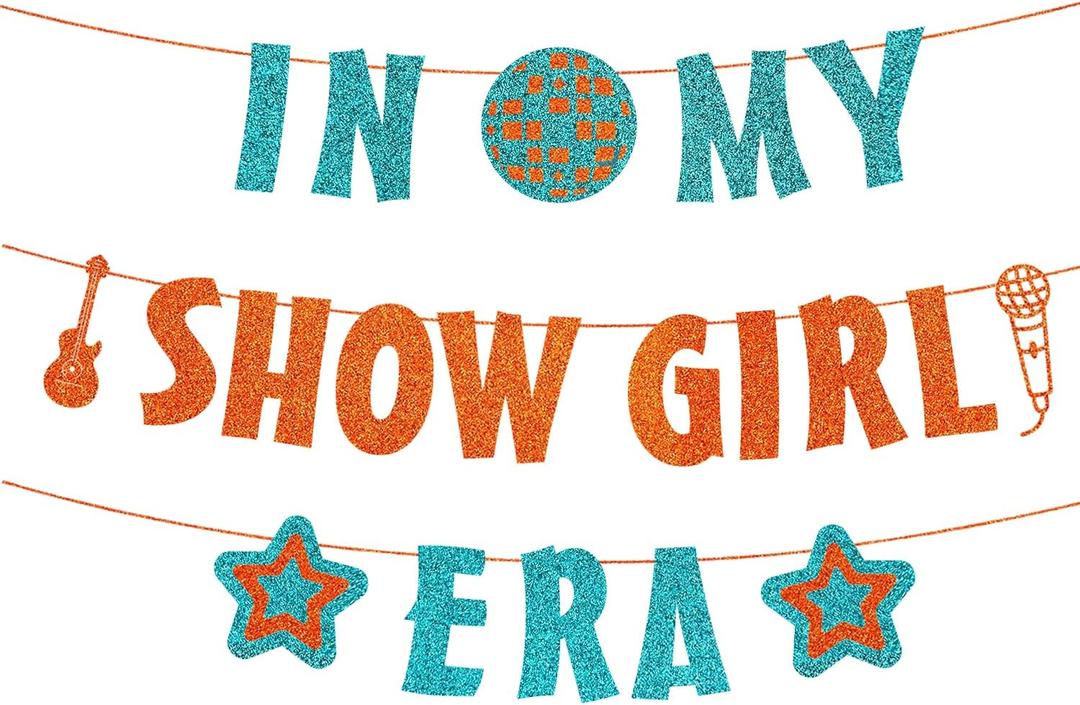 Showgirl Theme Birthday Party Banner Decor, Glitter Orange Blue IN MY SHOWGIRL ERA Backdrop Banner for Showgirl Bridal Shower Party Showgirls Disco Bachelorette Show girls Listening Party Hanging Sign