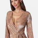 YMDUCH Women Sexy V Neck Long Sleeve Velvet Floral Bodycon Ruched Mini Cocktial Party Dress (Brown)