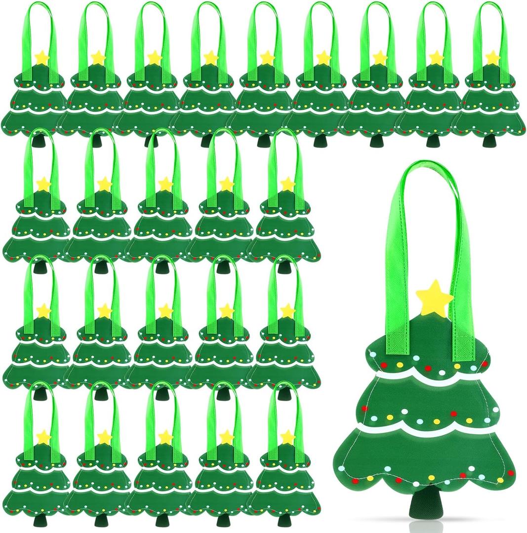 Yoojahow 24 Pcs Christmas Tree Gift Bags Small Non Woven Reusable Xmas Tree Shaped Treat Bags with Handles for Christmas Goodie Candy Snack Gift Xmas Party Supplies Class Favors Decor
