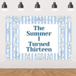 The Summer I Turned Thirteen Backdrop Nautical 13th Birthday Decorations Blue and White Bow Nautical Anchor Shell Banner for Kids Under the Sea Cruise Sailor Cheers to 13 Years Photo Props 5 * 3ft