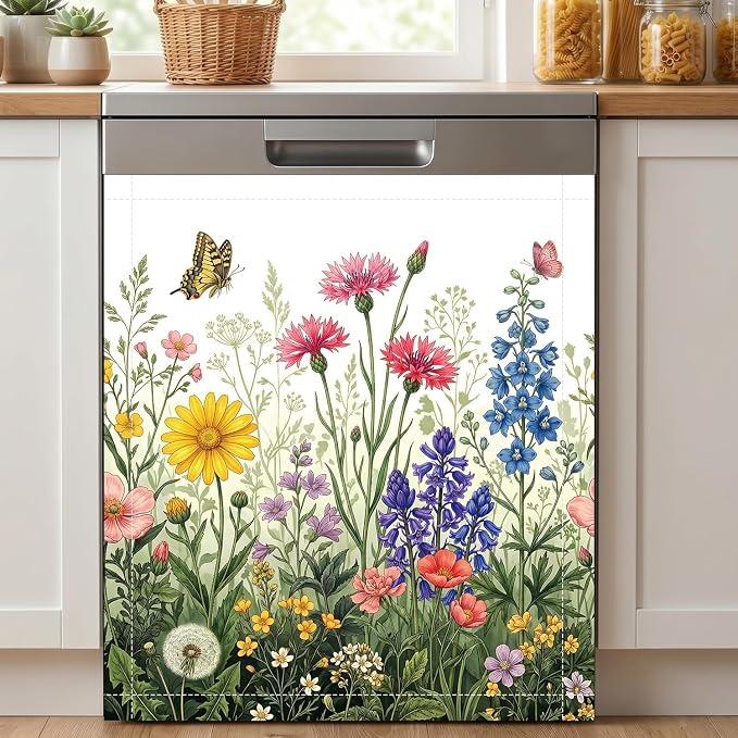 Wildflower Dishwasher Magnet Cover - Flower Butterfly Dishwasher Magnetic Cover Decorative Dish Washer Magnet Covers Refrigerator Sticker Fridge Front Panel Decal for Kitchen Decor 23x26 Inch