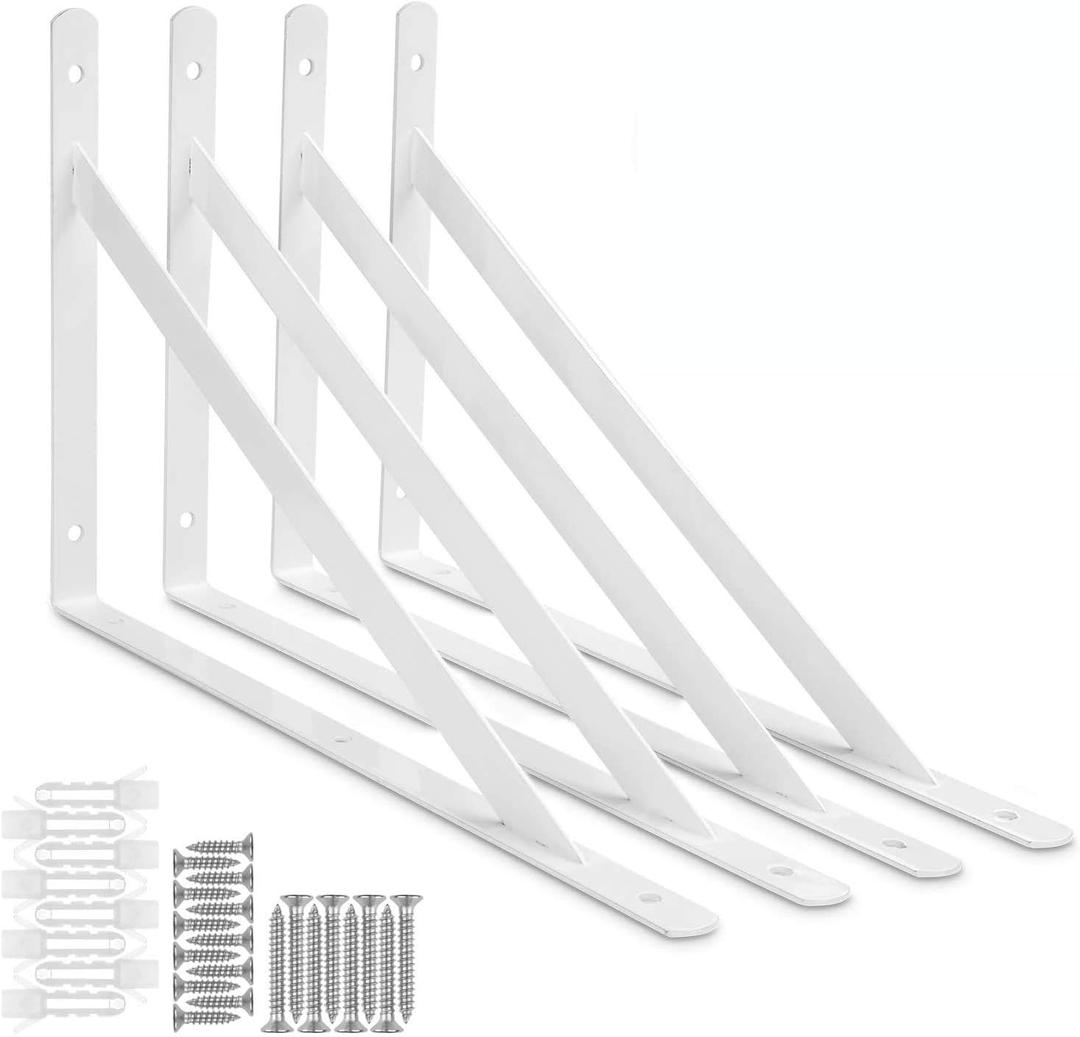 Acrux7 4 Pack White Steel Shelf Brackets 12x8inch  Heavy Duty L Brackets with Screws, White Metal Shelf Brackets  Perfect for DIY Shelves(300x190mm)
