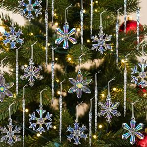 Tondiamo 37 Pcs Glass Icicles Snowflake Christmas Ornaments Set, Include 25 Icicles for Christmas Tree Ornaments 12 2.5" Glass Snowflakes Hanging for Xmas Holiday Winter Party Decor(Colorful)