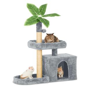 31.5" Cat Tree Tower for Indoor with Green Leaves, Cat Condo Cozy Plush with Hang Ball and Leaf Shape Design, Cat Furniture Pet House with Scratching Posts, Grey