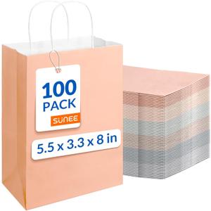 SUNEE Gift Bags with Handles 5.5x3.3x8, 100 Pcs Small Paper Gift Bags Bulk, 6 Pastel Color for Wedding, Birthday, Party Supplies and Celebrations