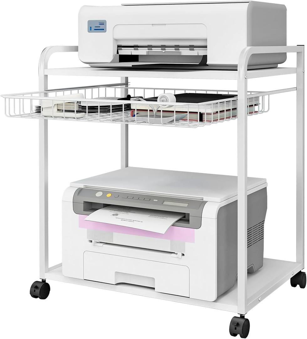 Large 2 Tier Storage Printer Stand with Basket,23.6"x21.6"x15.7" Rolling Printer Cart Under Desk,Printer Table with Wheels for Home Office,White