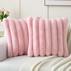 FUTEI Pink Decorative Throw Pillow Covers 18x18 Inch Set of 2, Square Soft Faux Rabbit Fur Big Striped Cushion Cover,Home Decor for Couch Sofa Bed Living Room