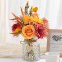 Artificial Flowers with Vase, Faux Silk Flowers Arrangement in Vase, Rustic Home Office Decorations, Farmhouse Dining Table Decor, Coffee Table Centerpiece, Fall Table Plant Decor (Autumn Red Yellow)