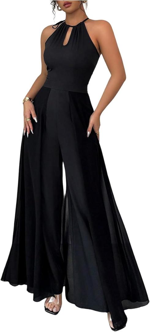 OYOANGLE Women's Wide Leg Halter Jumpsuit Mesh Keyhole Front Overalls Elegant Dressy One Piece Outfits (Black), S