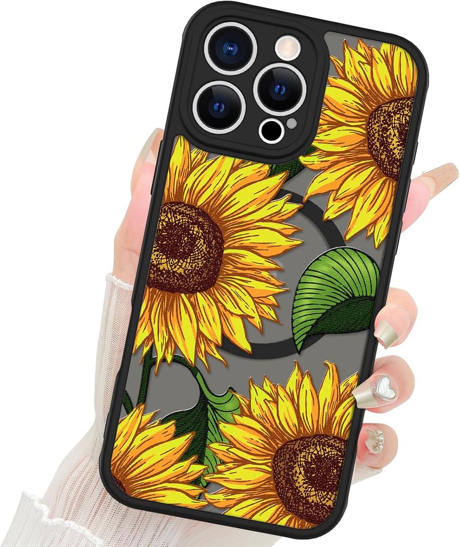 Fiyart Designed for iPhone 16 Pro Case Cute Sunflower Flowers Design Compatible with MagSafe,Soft Bumper with Hard PC Back Anti-Scratch Phone Cover for Women Girls 6.3"-Yellow
