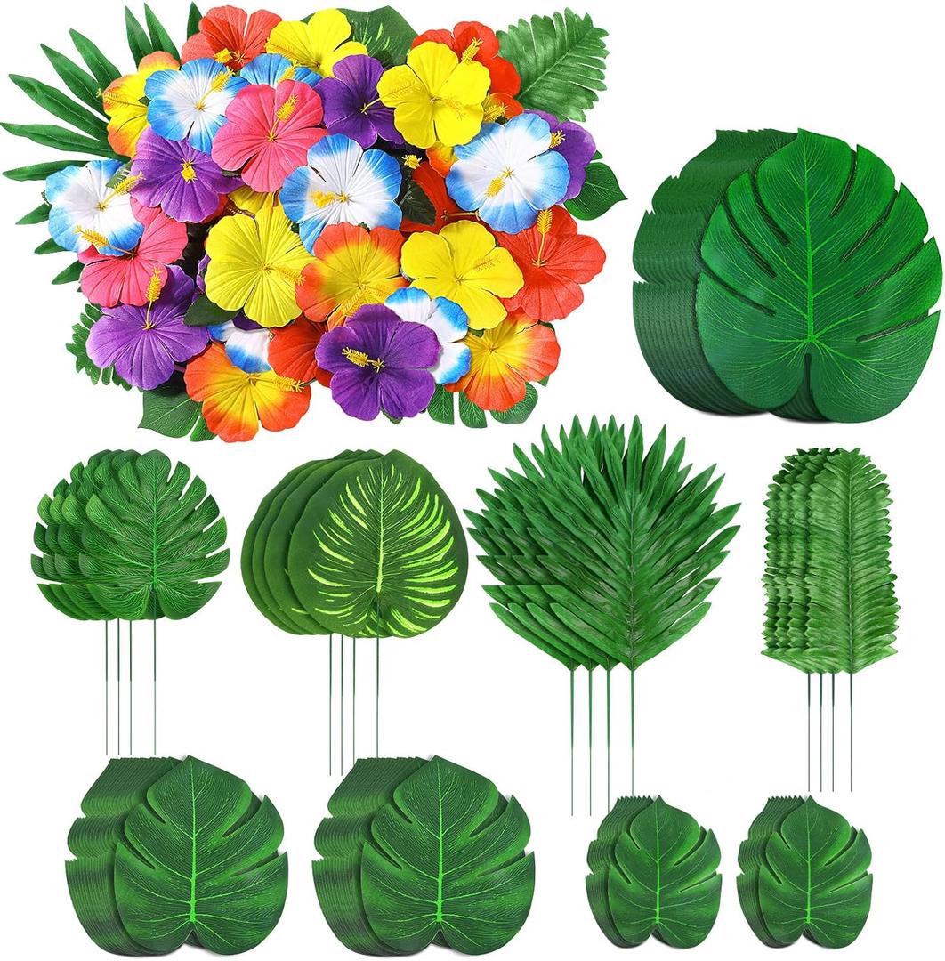 142Pcs Luau Party Decorations Fake Plant Palm Leave Monstera With Stems Hibiscus Flowers Artificial Tropical Leaves for Hawaiian Luau Safari Jungle Beach Wedding Birthday Theme Party Table Decorations (XX-Large)