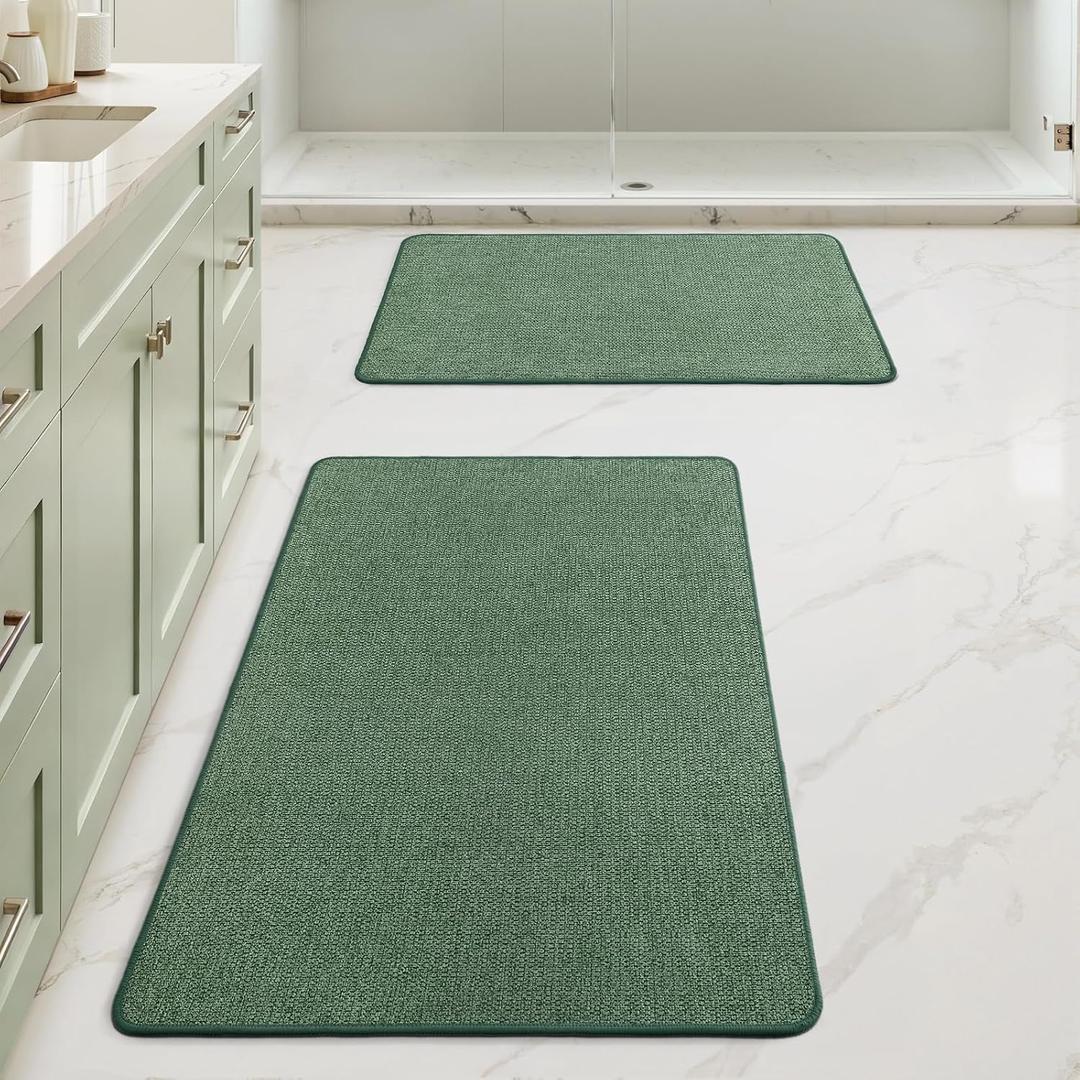 MIULEE Green Set of 2 Ultra Thin Bathroom Rugs, Rubber Bath Mats for Bathroom Non Slip, Quick Dry Absorbent Bath Rug Machine Washable, Fit Under Door, Shower, Sink, Spring Home Decor, 17"x27"+20"x32"