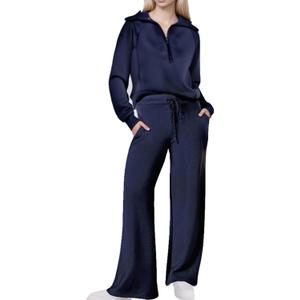 Women's 2 Piece Outfits 2025 Casual Half Zip Wide Leg Pants Tracksuit Sets Lounge Set Travel Vacation Sweatsuits (Darkblue), Small